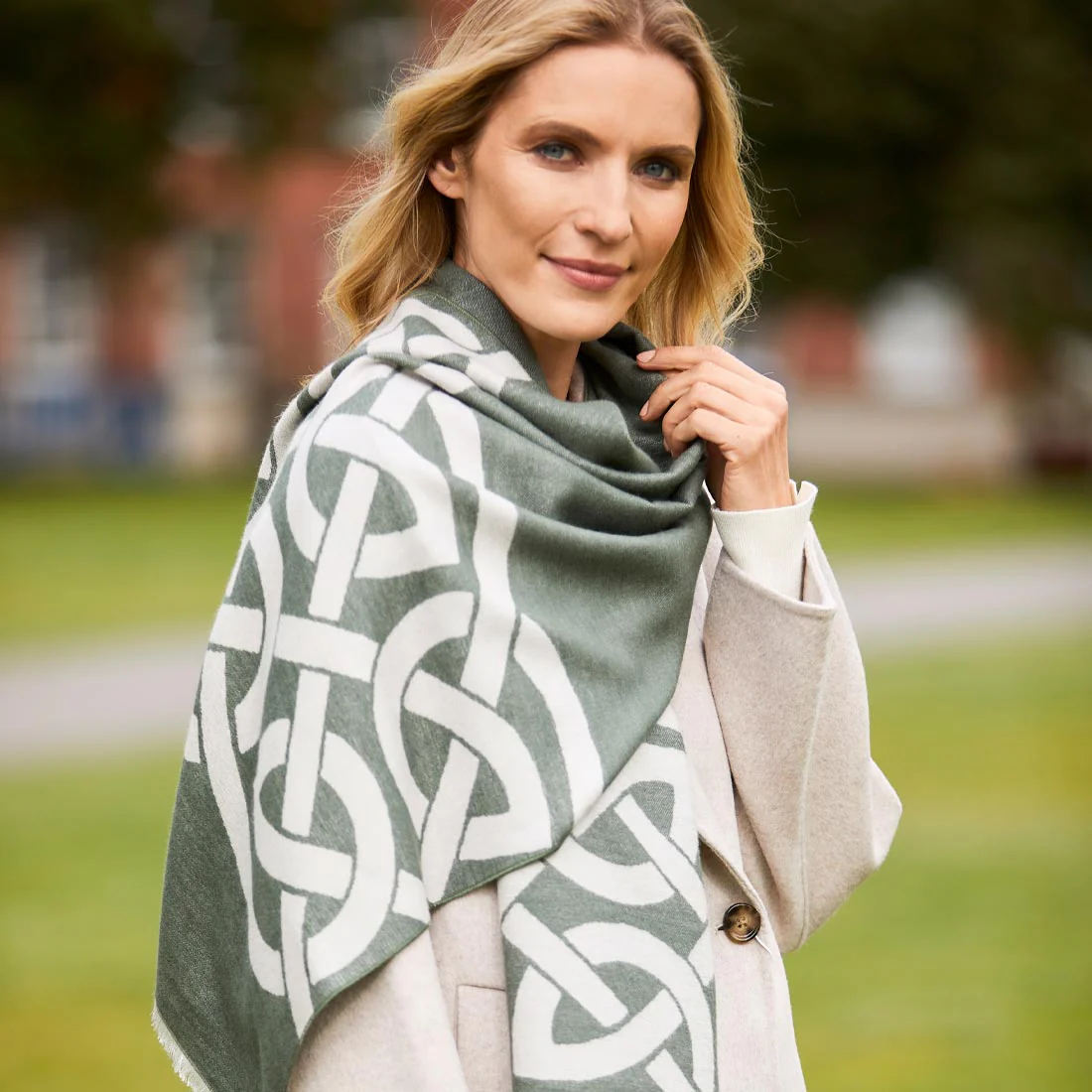 Celtic Knot Reversible Scarf - Thyme Green & Grey - Image 10