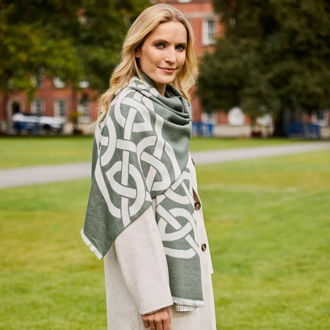 Celtic Knot Reversible Scarf - Thyme Green & Grey - Image 11