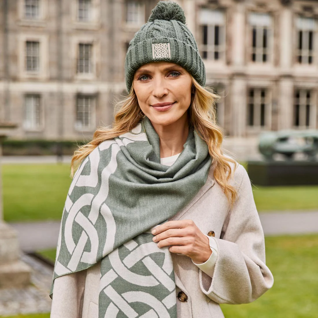 Celtic Knot Reversible Scarf - Thyme Green & Grey - Image 5