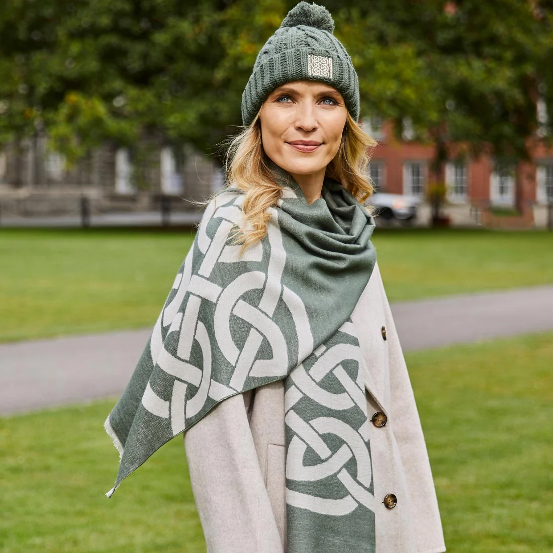 Celtic Knot Reversible Scarf - Thyme Green & Grey - Image 7