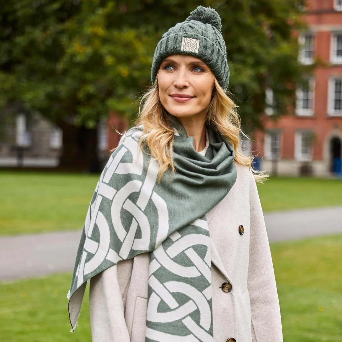Celtic Knot Reversible Scarf - Thyme Green & Grey - Image 9