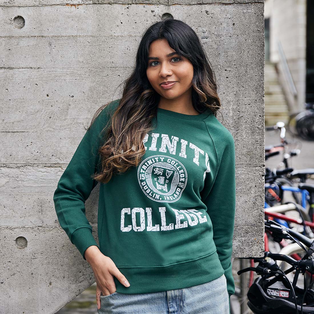 Trinity College Dublin Crest Sweatshirt Bottle Green & White - Image 3