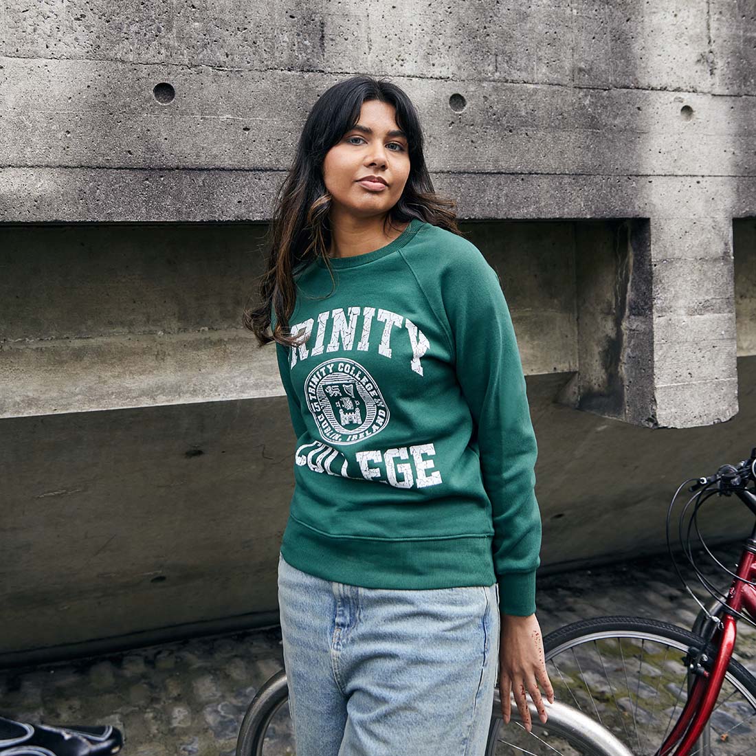 Trinity College Dublin Crest Sweatshirt Bottle Green & White - Image 4