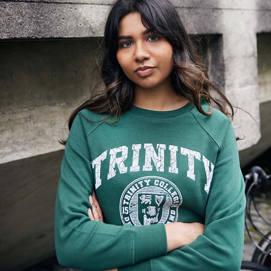 Trinity College Dublin Crest Sweatshirt Bottle Green & White - Image 5