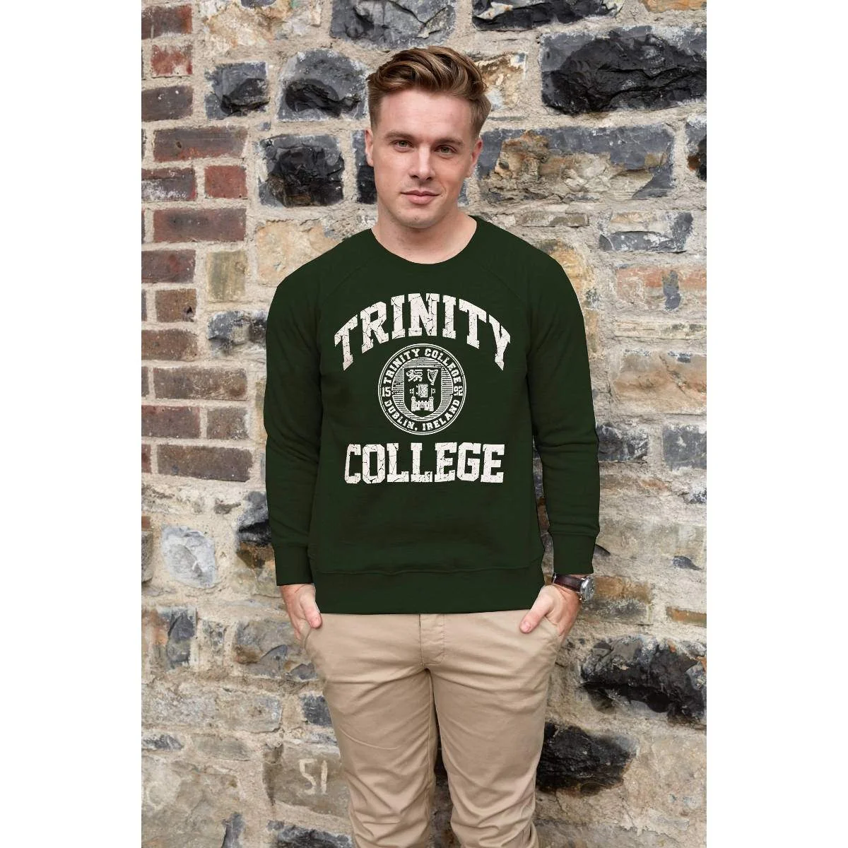 Trinity College Dublin Crest Sweatshirt Bottle Green & White - Image 6