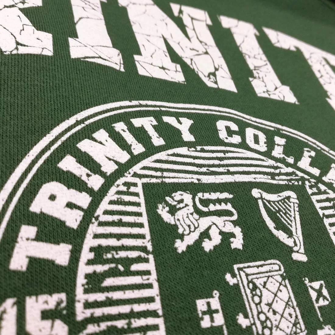 Trinity College Dublin Crest Sweatshirt Bottle Green & White - Image 7