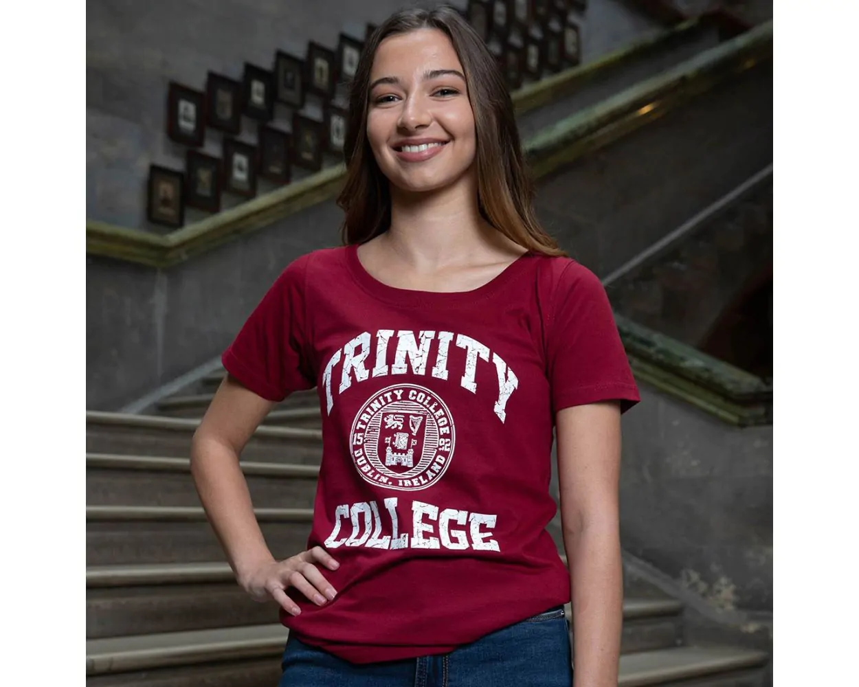 Trinity College Dublin Crest Ladies T-Shirt Burgundy & White - Image 3