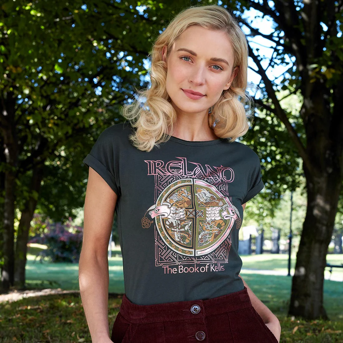 Book of Kells Ladies T-shirt Bottle Green Ireland Rose Gold - Image 3