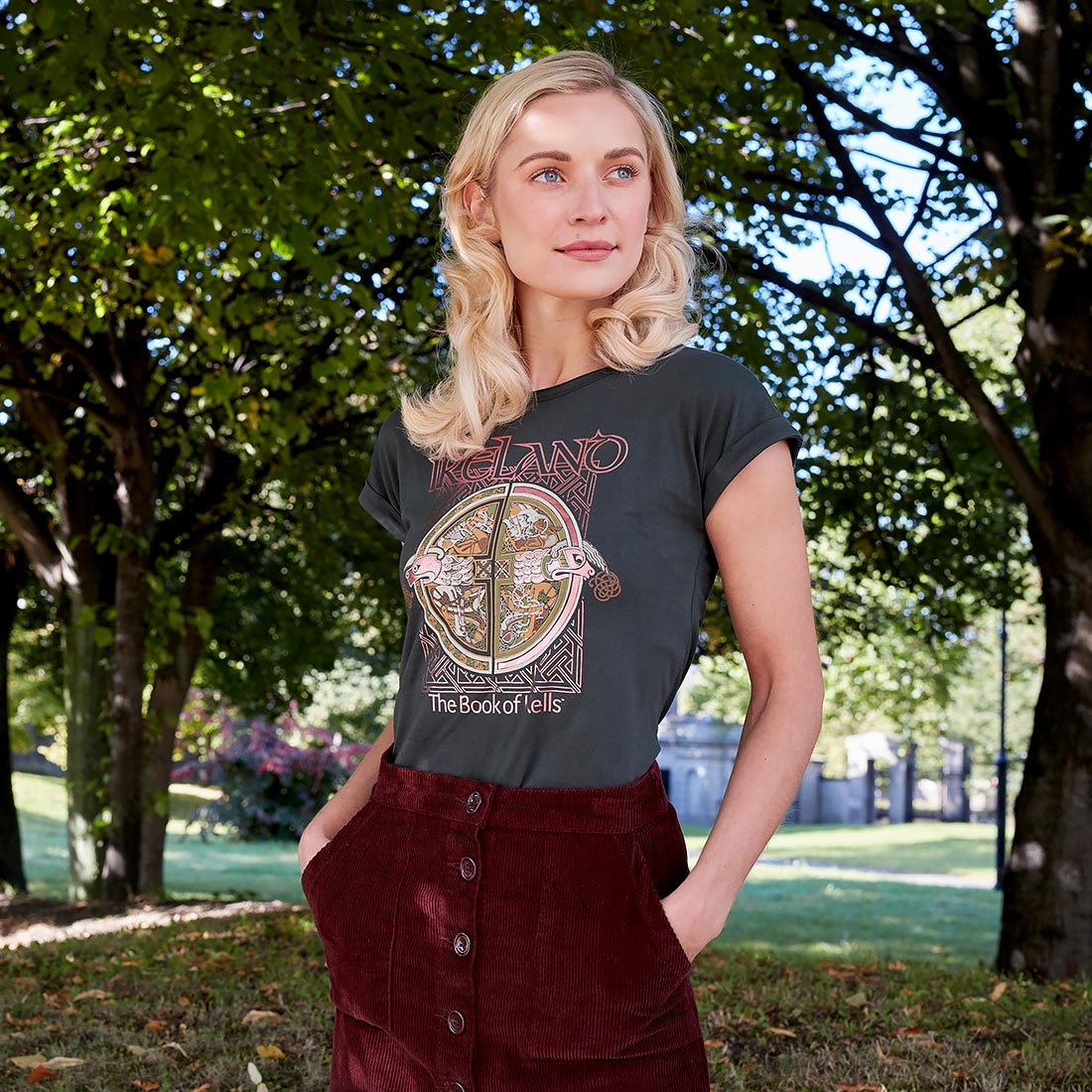 Book of Kells Ladies T-shirt Bottle Green Ireland Rose Gold - Image 4